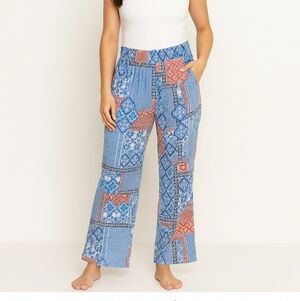 Messini Boho Patchwork Wide Leg Pants Blue Red Print Elastic Waist Size Small
